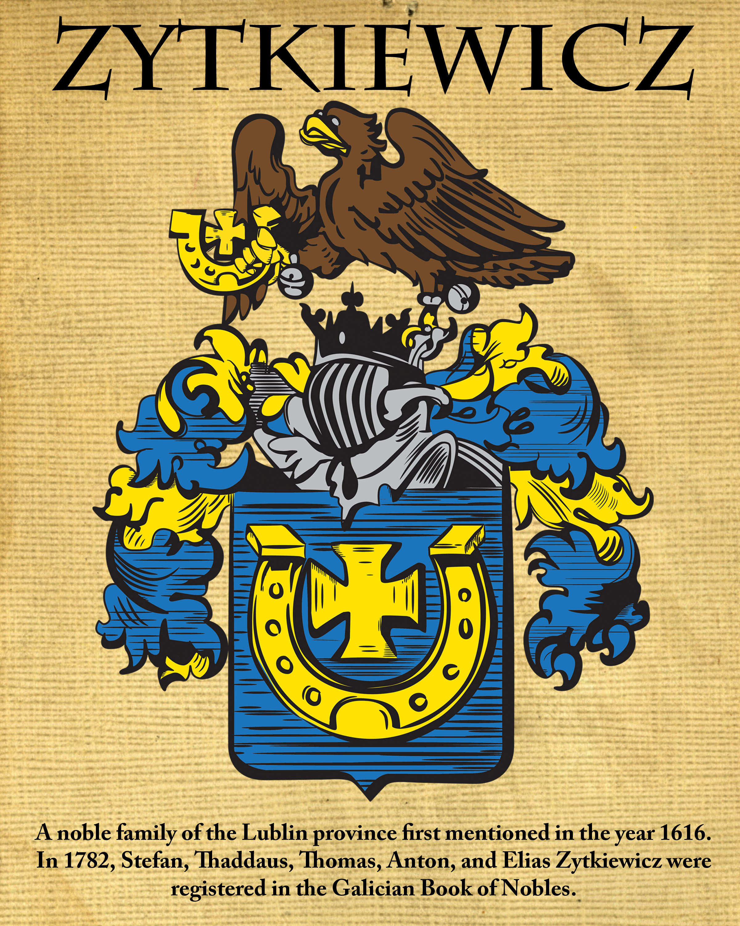 Zytkiewicz crest artwork featuring an eagle, a helmet, and a gold horseshoe and cross on a blue shield